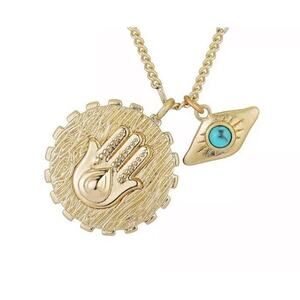 Evil Eye Hamza Coin Necklace 14K Gold Plated Chic Trendy Women's, Unwritten NWT